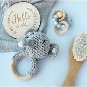 5pc Baby Shower Gift Set- Elephant Rattle, Teething Ring, Brush, Organic Blanket